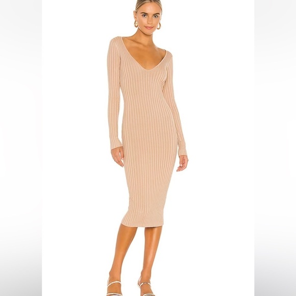 Revolve NBD Ribbed Bekah Deep V Midi Dress in Nude - Picture 1 of 13